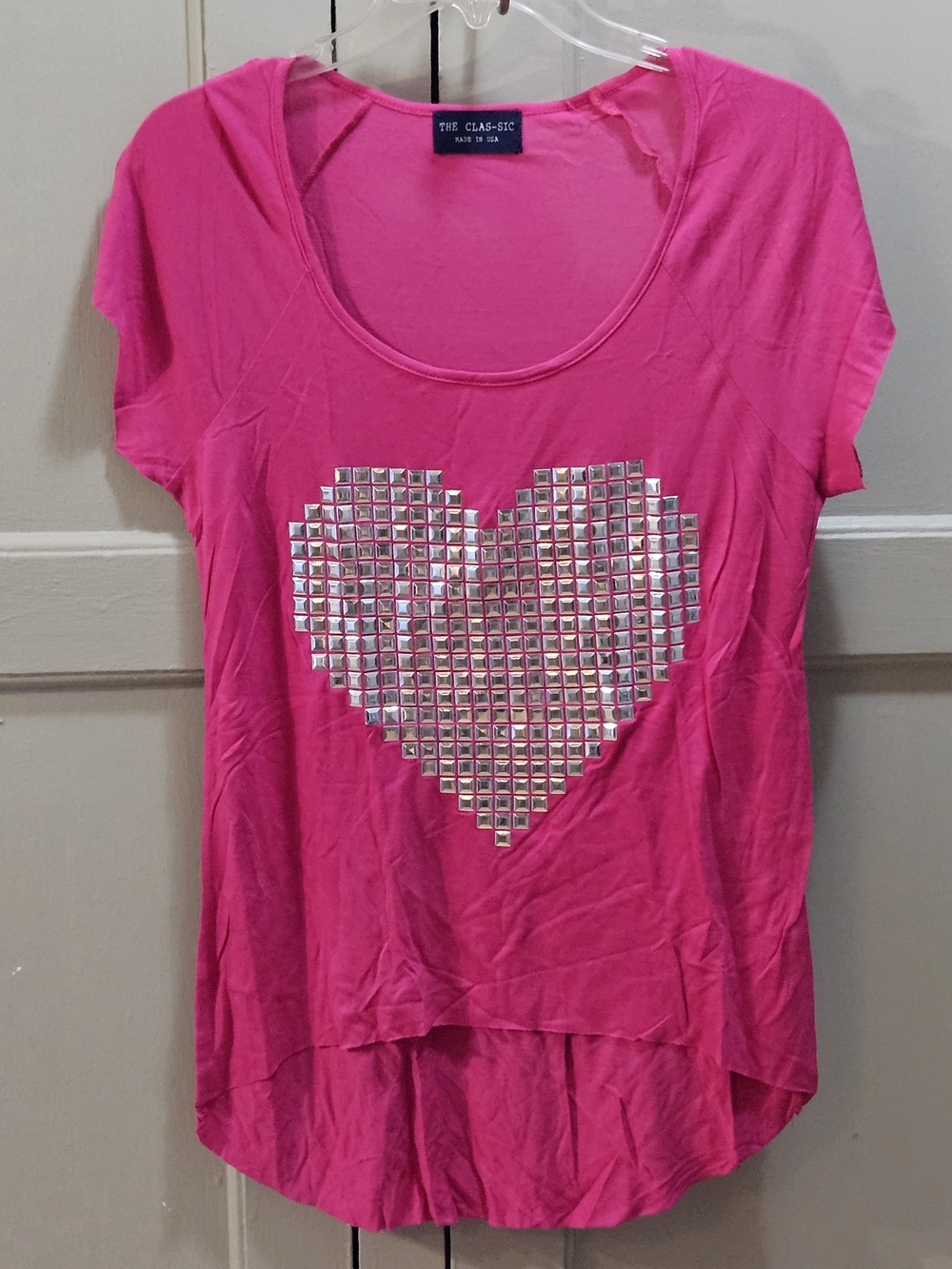 Classic, Hot Pink Studded Heart Tee - Sz. Lg